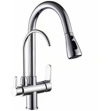 Küchenarmatur, Messing-Spültischmischer mit Ausziehbrause für warmes und kaltes Wasser mit Trinkwasserhahn