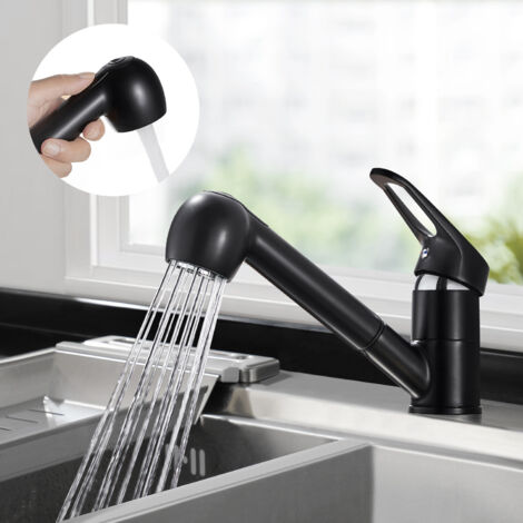 Küchenarmatur mit Ausziehbare Brause, Wasserhahn Küche Einhebelmischer mit 360° Drehbar, Hochdruck Mischbatterie Spültischarmatur mit 2 Wasserstrahlarten, Schwarz