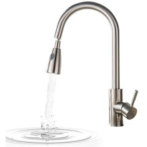 Küchenarmatur mit ausziehbarer Brause – 2 Strahlarten, 30 cm flexibler Schlauch, Keramikventileinsatz, Oberfläche in gebürstetem Nickel, 360° schwenkbarer Auslauf.