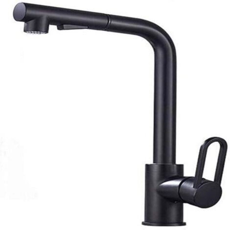 Küchenarmatur mit ausziehbarer Brause, 360°-Schwenkmischer mit 2 Strahlarten. Schwarz, für Küche oder Bad, modernes und funktionales Design.
