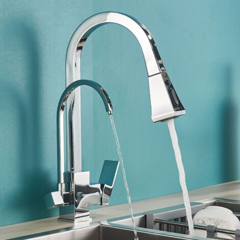 ONYZPILY Küchenarmatur mit gefiltertem Trinkwasser,verchromte 3-Wege-Hochbogen-Mischbatterie aus massivem Messing,Handbrause und Wasserreiniger,Zweigriff-Spültischbatterie