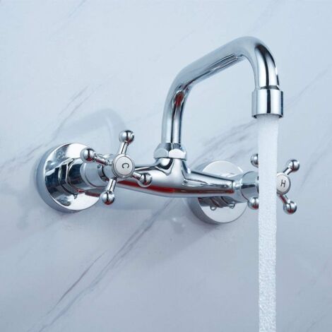 Küchenarmatur, Wasserhahn mit schwenkbarem Auslauf, Retro-Stil, Antik-Look, zwei Drehregler, zwei Befestigungslöcher, massives Messing, zur Wandmontage