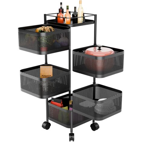 BLUETHY Küchenaufbewahrungswagen, 5-lagiger Küchenwagen auf Rädern, Drehbarer Wagen, Küchenwagen, Obstkorb-Aufbewahrungsbehälter, Obst-Gemüse-Metall-Drahtregal mit Deckel für Wohnzimmer, Küche