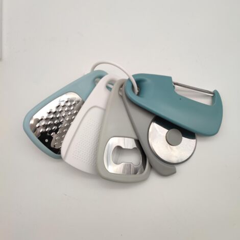 Küchenhelfer Set Edelstahl 5-teilig Küchenutensilien, Käsereibe, Flaschenöffner, Obst-/Gemüseschäler, Pizzaschneider, Knoblauch-/Ingwermühle, Camping Zubehör, Spülmaschinenfest