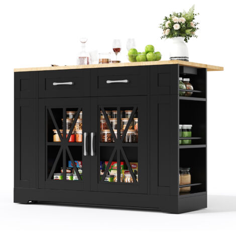 Kücheninsel 120x65x92cm, tragbar mit Klapptisch, USB & AC, offene Ablage, Glastür, Rollen mit Bremse