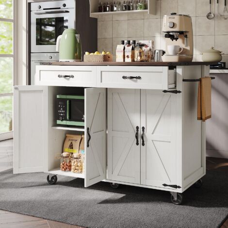 Kücheninsel mit ausziehbarem Servierwagen,Küchentrolley und Schrank mit Holzmaserung,vier Türen und zwei Schubladen für optimale Funktionalität