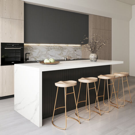 Kücheninsel modern ausziehbar 183 cm, mattweiß/mattschwarz, Arbeitsplatte mit Marmorfurnier, großer Stauraum mit Schubladen, Türen und Weinfach