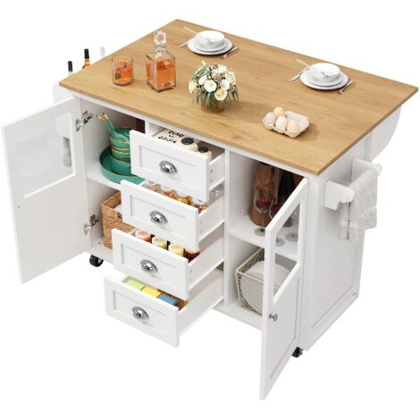 Kücheninsel,Küchenschrank,Buffetschrank,120x73(45)x93cm,ausziehbarer Küchenwagen mit Rollen, Handtuchhalter, Gewürzregal, verstellbaren Einlegeböden, zwei Türen, vier Schubladen, weiß/schwarz