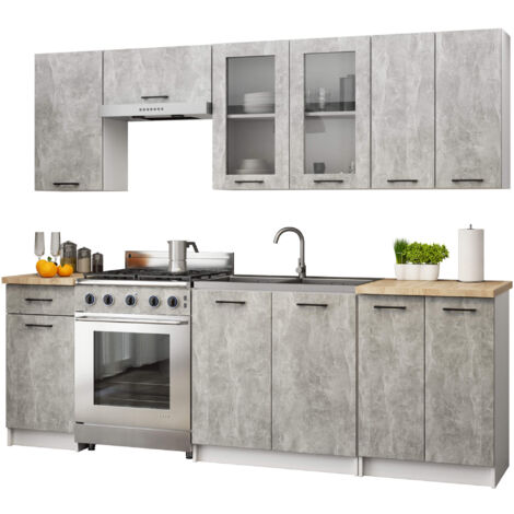 Küchenmöbel-Set OLIWIA 2.4m Modulares Weiß 240 cm 11 Türen 1 Schublade Front Beton B240xH203xT46 cm