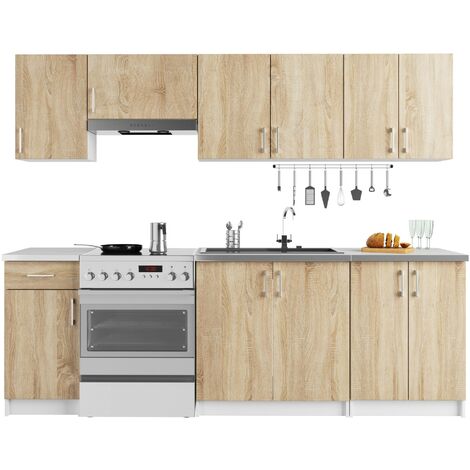 Küchenmöbelset AKORD LIMA Weiß 240 cm 11 Turen Schublade 12 Ebenen Front Sonoma-Eiche B240 x H203 x T44,5 cm