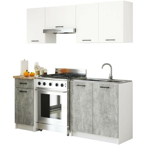 Küchenmöbelset AKORD OLIWIA Weiß 180 cm 7 Turen Schublade 8 Ebenen Front Beton B180 x H203 x T46 cm