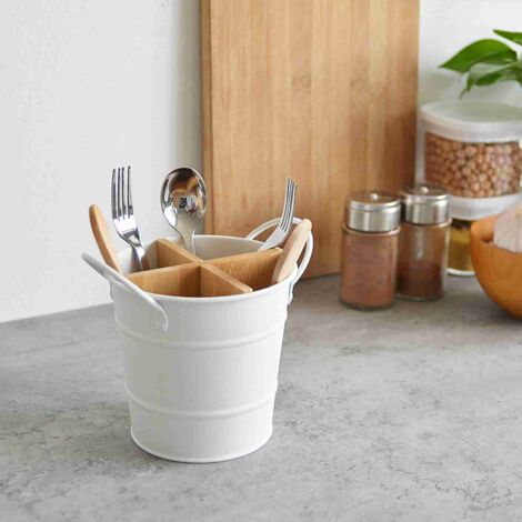 Küchenorganizer - Multifunktionale Aufbewahrungsbox für Besteck, Messer, Löffel und Bürsten aus weißem Edelstahl mit Trennwand und Abfluss (15,5 x 13 x 9 cm, 212 g)