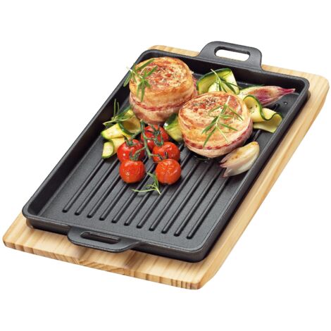 Küchenprofi BBQ 0305351026 - Bistecchiera rettangolare in ghisa scanalata su tavola di legno, 32 x 22 x 3,5 cm, con piano cottura a induzione