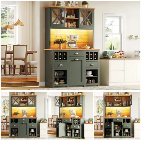 Küchenschränke (120 x 45 x 188 cm), hohe Küchenschränke, Sideboards, Küchenschränke mit Glastüren und LED-Beleuchtung, Beistellschrank mit Weinregal,Verstellbare Regalböden, grün