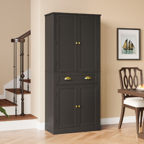 Küchenschrank, Geschirrschrank, Speisekammer mit 4 Türen, Schublade, verstellbaren Regalen und mehreren Stauräumen, für Küche, Esszimmer und Wohnzimmer, Schwarz