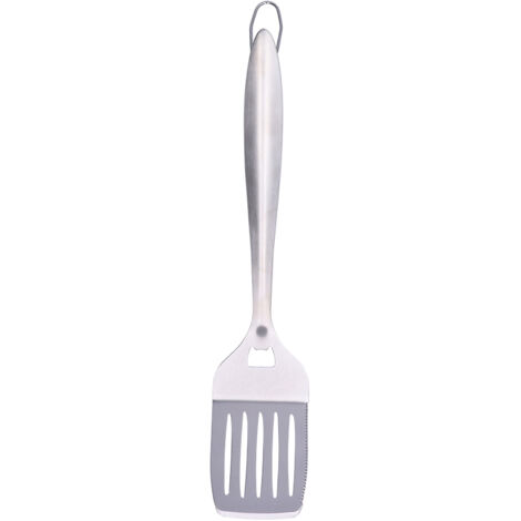Küchenspatel aus silberfarbenem Edelstahl mit Schlitzen und ergonomischem, langem Griff