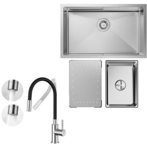 Küchenspüle 1.5 Becken 70x44cm EdelstahlSpüle Gebürstete Unterbauspüle + Universeller Küchenarmatur Gebürstete Küche Wasserhahn Hohe 380MM