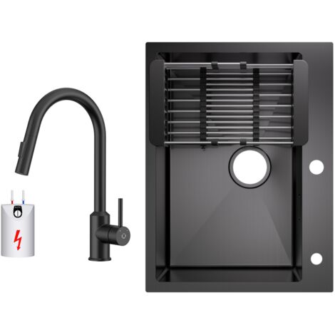 Küchenspüle aus Edelstahl 60x45cm Aufsatzwaschbecken Anthrazitschwarz + Ausziehbarer Niederdruck-Küchenarmatur Schwarz Hohe 425MM