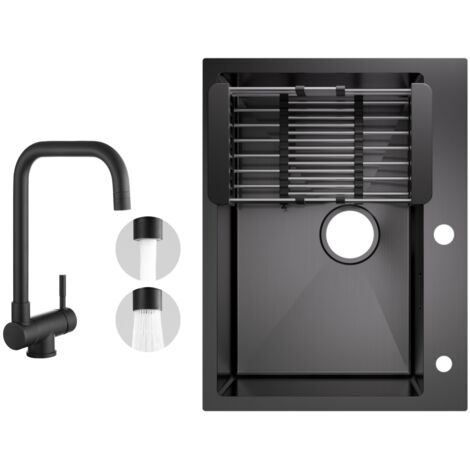 Küchenspüle aus Edelstahl 60x45cm Aufsatzwaschbecken Anthrazitschwarz + Fenster-Küchenarmatur Schwarz Hohe 355MM