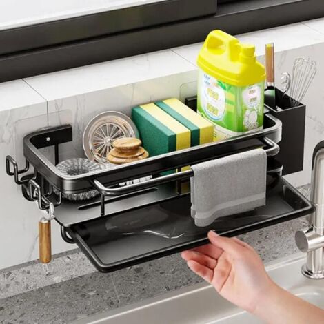 Küchenspüle Organizer, Schwammhalter, Abtropfschale, Küchenspüle Organizer, Geschirrtuchhalter mit zwei Haken, ohne Bohren, schwarz