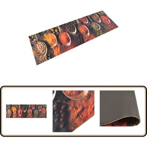 Küchenteppich Waschbar Löffel & Gewürze 60x180 cm Samt - Küchenläufer - Samt - PVC - Rutschfest - Maschinenwäsche