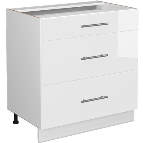 Küchenunterschrank Fame-Line, Weiß Hochglanz, 80 cm mit 3 Schubladen, ohne Arbeitsplatte, Vicco