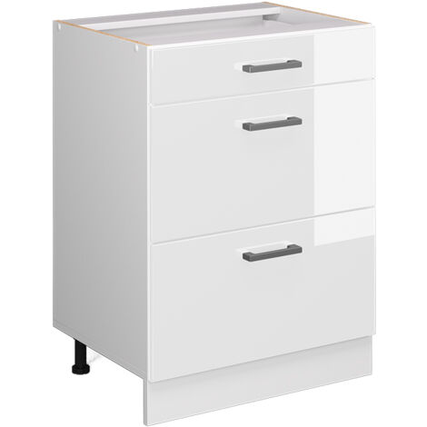 Küchenunterschrank R-Line, Weiß Hochglanz, 60 cm mit Schubladen, ohne Arbeitsplatte, Vicco
