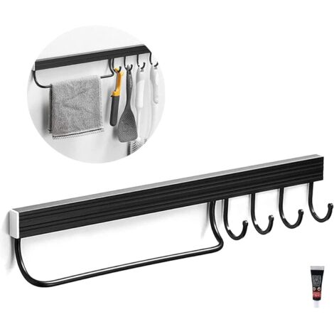 Küchenutensilienhalter, wandmontierter Utensilienhalter, Küchenutensilienstange aus Aluminium, wandmontierter Topfständer, Küchenutensilienhalter mit 4 Haken (schwarz)