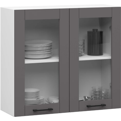 Küchenvitrine Weiß 80 cm 2 Türen Front Graphitgrau 2 Regalböden B80xH30,5xT72 cm