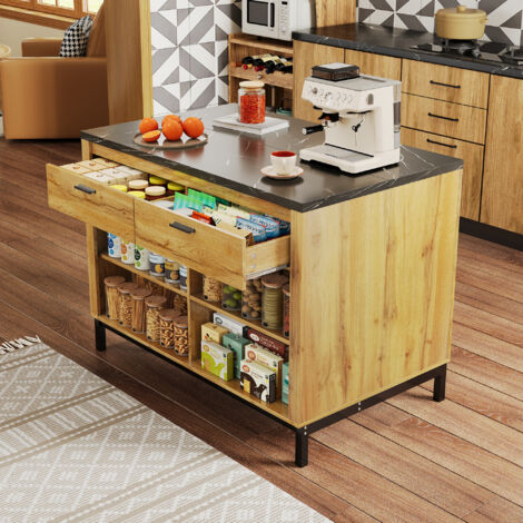 Küchenwagen mit 2 Schubladen und 4 Offenen Regalböden, mit Barbereich, Landhausstil, aus MDF, 120x75x90 cm