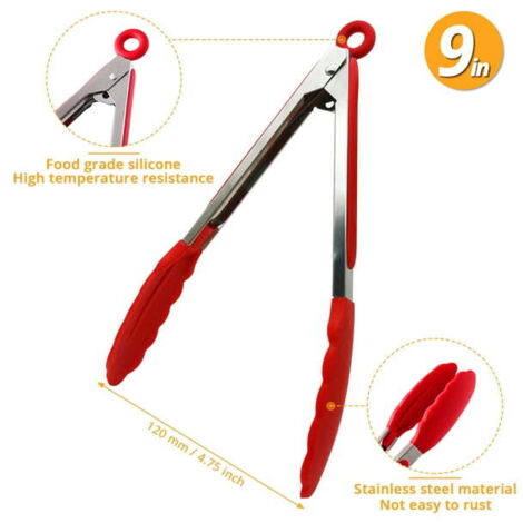 Küchenzange aus Silikon (23 cm), hitzebeständig bis 250 °C, Edelstahl mit antihaftbeschichteten Silikonspitzen (23 cm, Rot)