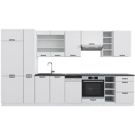 Küchenzeile Fame-Line, Weiß Landhaus/Weiß, 355 cm mit Hochschrank, ohne Arbeitsplatte, Vicco