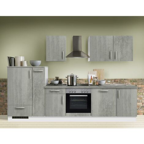 Küchenzeile Premium Beton 310cm MANCHESTER-87 inklusive E-Geräte & Geschirrspüler und Apothekerschrank - grau