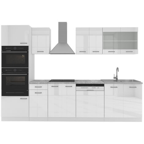 Küchenzeile „R-Line“ 300cm Weiß Hochglanz mit Arbeitsplatten Vicco