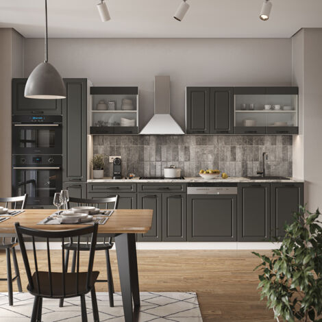 Küchenzeile R-Line, Anthrazit Landhaus/Weiß, 350 cm mit Hochschrank, ohne Arbeitsplatte, Vicco