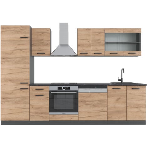 Küchenzeile R-Line, Goldkraft Eiche/Anthrazit, 300 cm ohne Arbeitsplatte, Vicco