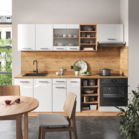 Küchenzeile R-Line, Weiß Hochglanz/Goldkraft Eiche, 240 cm ohne Arbeitsplatte, Vicco