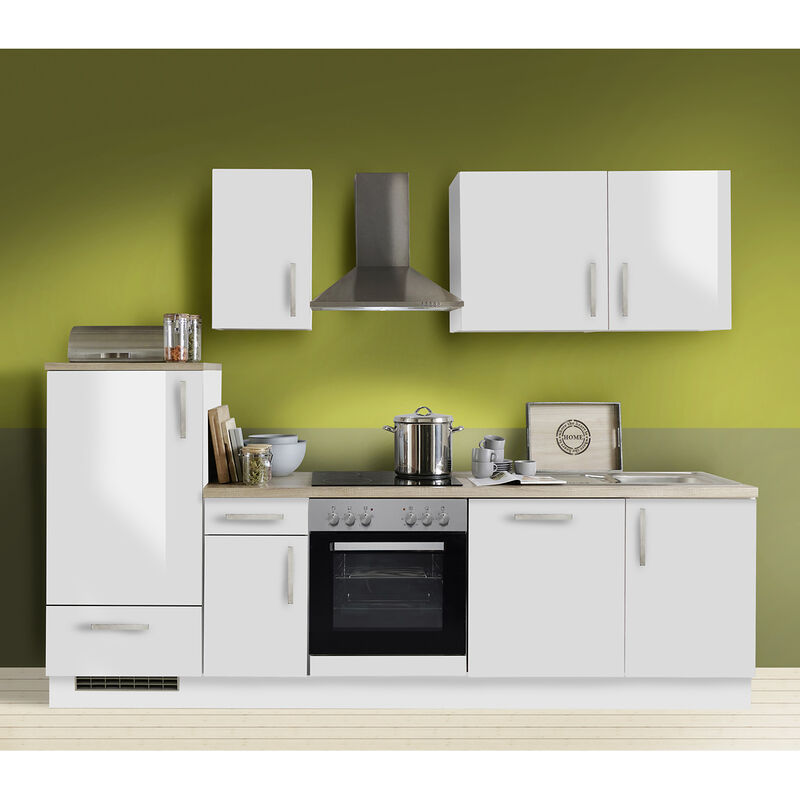 Küchezeile MANCHESTER-87 mit Geräten Premium Weiss Hochglanz 270 cm inklusive Geschirrspüler E-Geräte Einbauküche frei kombinierbar