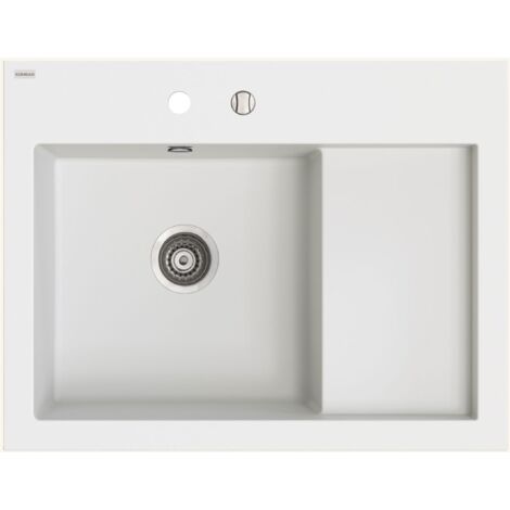 Kümbad – Évier à poser en granit blanc 80x61 cm – 1 bac avec égouttoir à droite – Vidage automatique – Bonde et siphon inclus