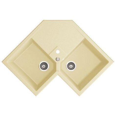 Kümbad – Évier d'angle en granit beige 83x83 cm – 2 bacs – Évier à encastrer avec vidage automatique – Meuble sous évier 90 cm minimum