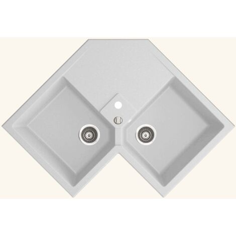 Kümbad – Évier d'angle en granit blanc 83x83 cm – 2 bacs avec vidage automatique – Équipement inclus : bonde, siphon, tuyaux d'évacuation