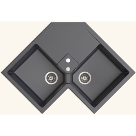 Kümbad – Évier d'angle en granit gris 83x83 cm – 2 bacs – Évier à encastrer avec vidage automatique – Meuble sous évier 90 cm minimum