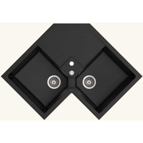 Kümbad – Évier d'angle en granit noir 83x83 cm – 2 bacs – Évier à encastrer avec vidage automatique – Meuble sous évier 90 cm minimum