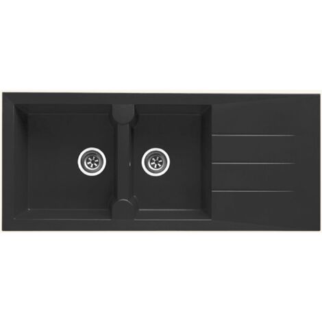Kümbad – Évier résine noir moucheté 116x50 cm – 2 bacs réversibles – Évier encastrable avec vidage manuel – Bonde et siphon inclus