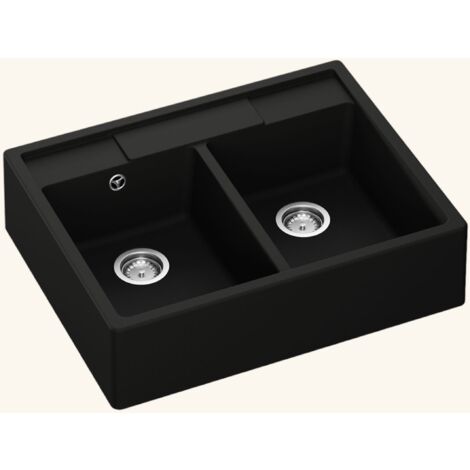 Kümbad – Évier timbre d'office granit noir 80x63 cm – 2 bacs – Pose à poser – Vidage manuel – Bonde incluse – Pour meuble sous évier 80 cm