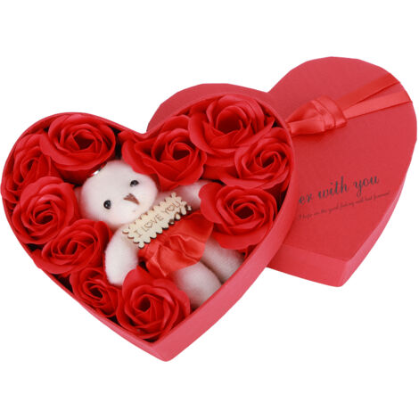 Künstliche Rosenseifenblumen mit Bär und Geschenkbox – Geschenkidee zum Geburtstag oder Valentinstag – Rot