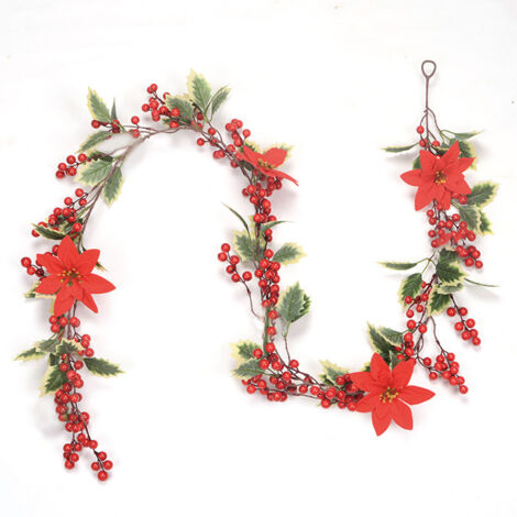 Künstliche Stechpalmengirlande, 2 Meter lang, mit roten Beeren, zur Weihnachtsdekoration an Wand, Kamin oder Tisch