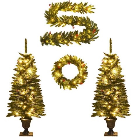 Künstliche Weihnachtsbäume 2 Stk. mit Kranz, Girlande und LEDs vidaXL