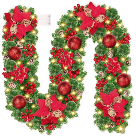 Künstliche Weihnachtsbaumgirlande mit LED-Lichtern, 270 cm Weihnachtskranz, Weihnachtsgirlanden-Dekoration für Kamin, Wand, Türen, Treppen, Terrassen, Garten (rot)