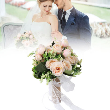 Künstlicher Brautstrauß [C, Champagner] Üppig gebundene Blumen mit Spitzenverzierungen – 22 cm Größe, ideal für Fotoshootings und Partydekoration